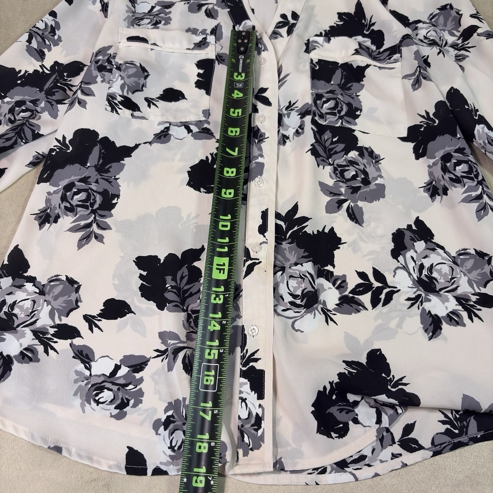 Candie's Women's L Chiffon Floral Button-Up Blouse White Black Gray Long Sleeve - Picture 6 of 13